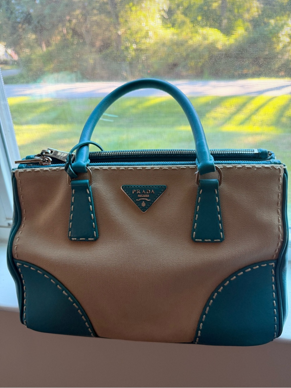 Prada Beige and Teal Small Tote Bag